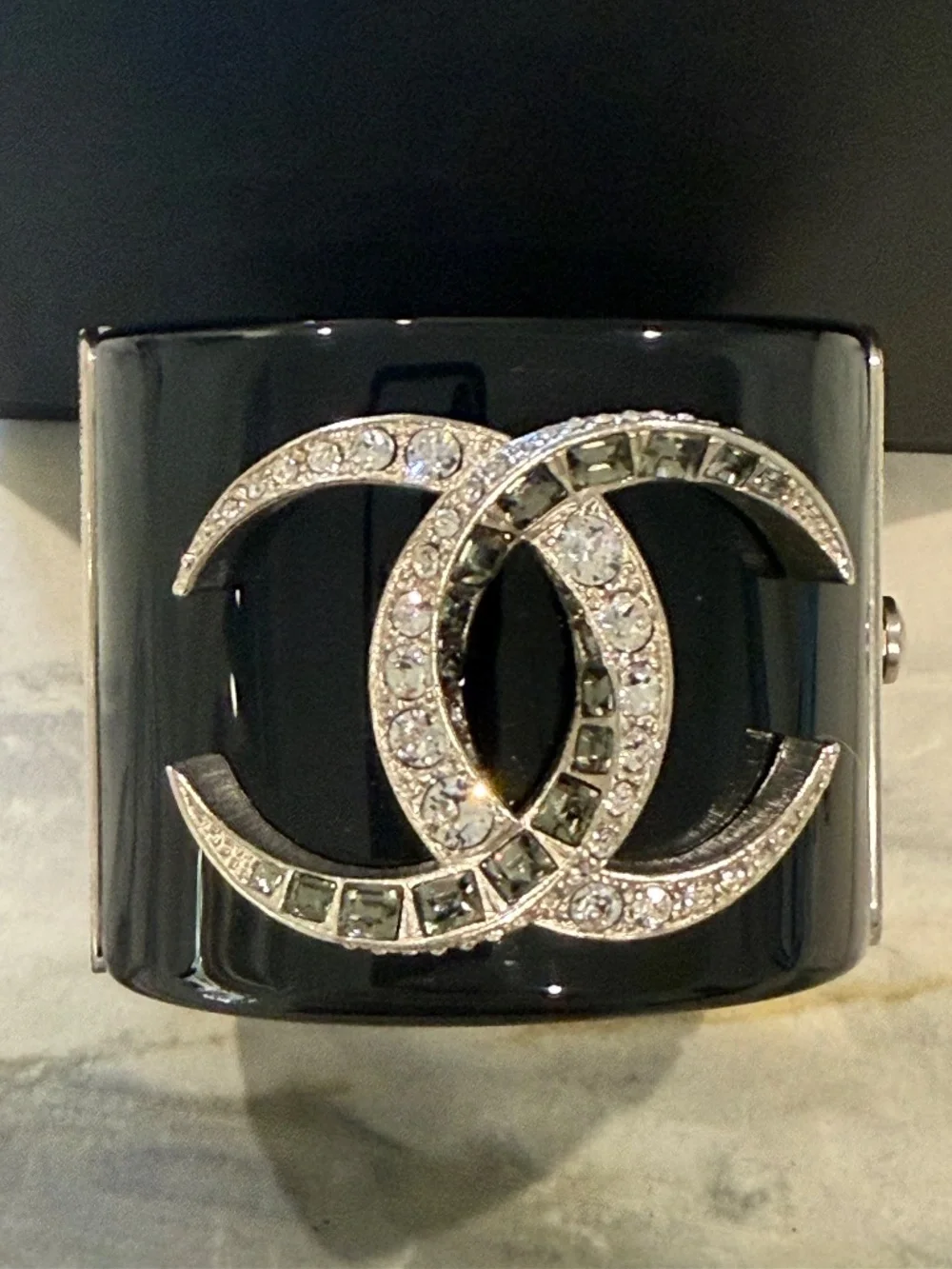Chanel Black Resin wide cuff bracelet with interlocking CC crystal logo